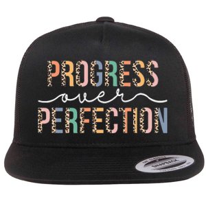 Motivational Progress Over Perfection Leopard Print Teacher Flat Bill Trucker Hat