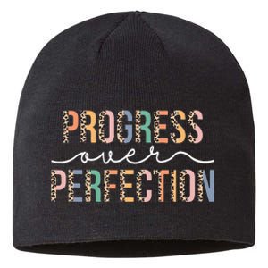 Motivational Progress Over Perfection Leopard Print Teacher Sustainable Beanie