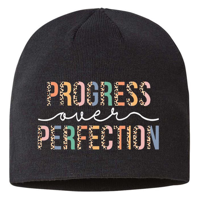 Motivational Progress Over Perfection Leopard Print Teacher Sustainable Beanie