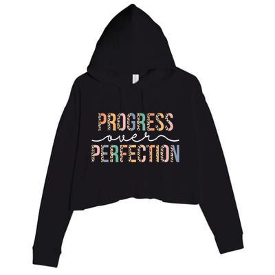 Motivational Progress Over Perfection Leopard Print Teacher Crop Fleece Hoodie