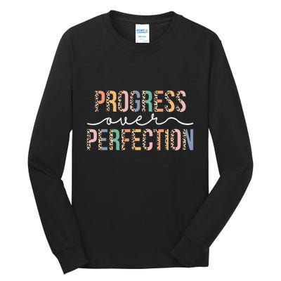 Motivational Progress Over Perfection Leopard Print Teacher Tall Long Sleeve T-Shirt