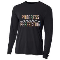 Motivational Progress Over Perfection Leopard Print Teacher Cooling Performance Long Sleeve Crew