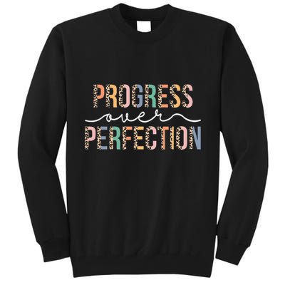 Motivational Progress Over Perfection Leopard Print Teacher Tall Sweatshirt