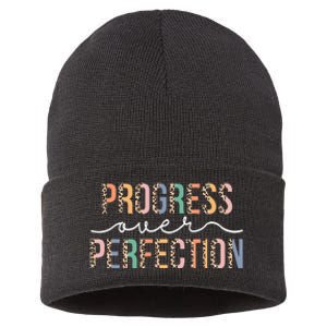 Motivational Progress Over Perfection Leopard Print Teacher Sustainable Knit Beanie