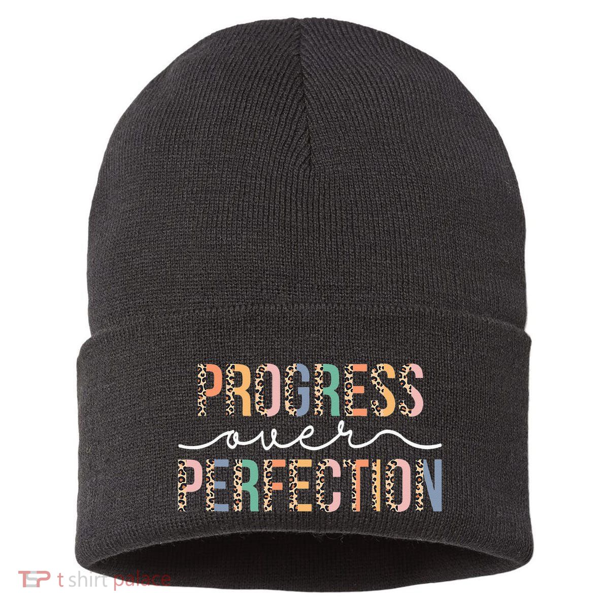 Motivational Progress Over Perfection Leopard Print Teacher Sustainable Knit Beanie