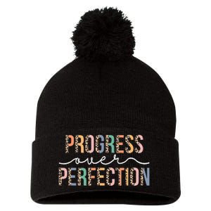 Motivational Progress Over Perfection Leopard Print Teacher Pom Pom 12in Knit Beanie