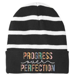 Motivational Progress Over Perfection Leopard Print Teacher Striped Beanie with Solid Band