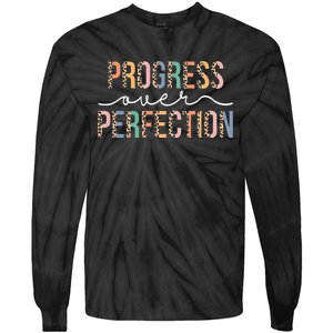 Motivational Progress Over Perfection Leopard Print Teacher Tie-Dye Long Sleeve Shirt