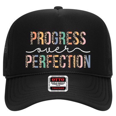 Motivational Progress Over Perfection Leopard Print Teacher Trucker Hat