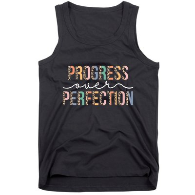 Motivational Progress Over Perfection Leopard Print Teacher Tank Top
