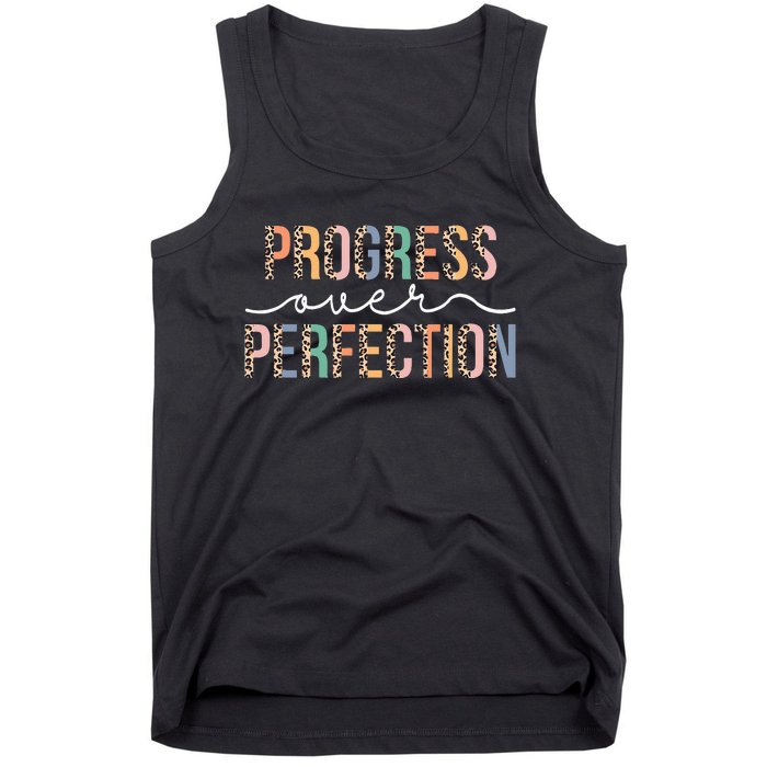 Motivational Progress Over Perfection Leopard Print Teacher Tank Top