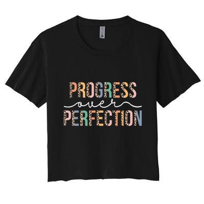 Motivational Progress Over Perfection Leopard Print Teacher Crop Top