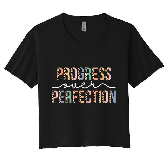 Motivational Progress Over Perfection Leopard Print Teacher Crop Top