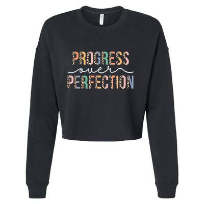 Motivational Progress Over Perfection Leopard Print Teacher Cropped Pullover Crew