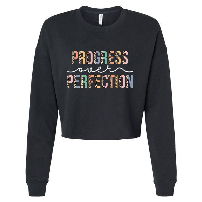 Motivational Progress Over Perfection Leopard Print Teacher Cropped Pullover Crew