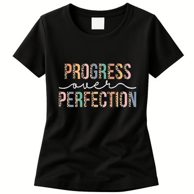 Motivational Progress Over Perfection Leopard Print Teacher Womens T-Shirt