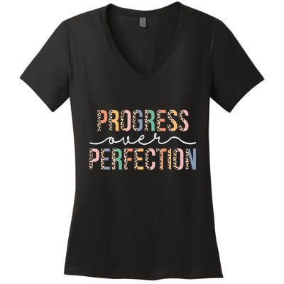 Motivational Progress Over Perfection Leopard Print Teacher Women's V-Neck T-Shirt