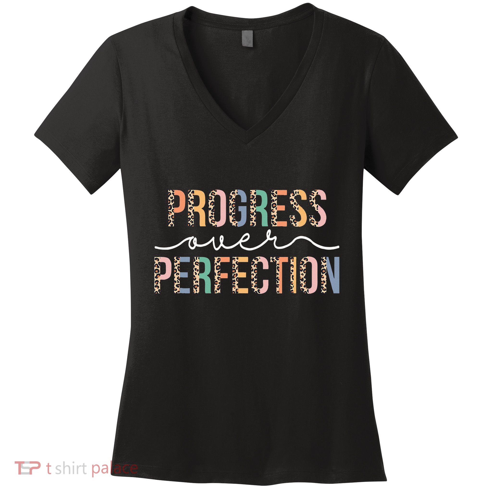 Motivational Progress Over Perfection Leopard Print Teacher Women's V-Neck T-Shirt