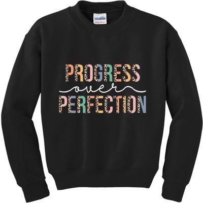 Motivational Progress Over Perfection Leopard Print Teacher Kids Sweatshirt