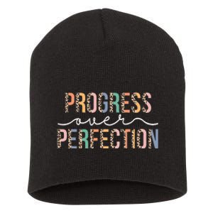 Motivational Progress Over Perfection Leopard Print Teacher Short Acrylic Beanie