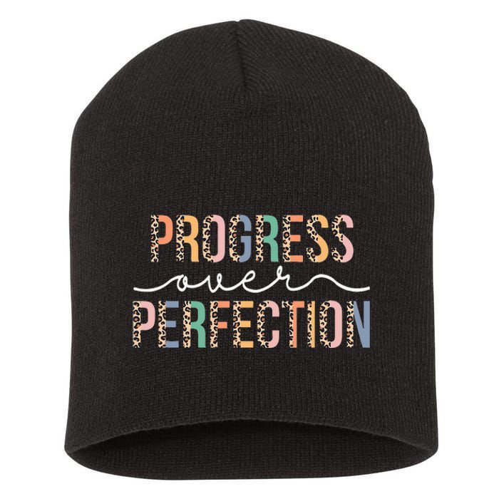 Motivational Progress Over Perfection Leopard Print Teacher Short Acrylic Beanie