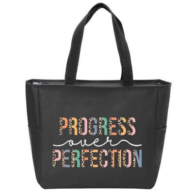 Motivational Progress Over Perfection Leopard Print Teacher Zip Tote Bag