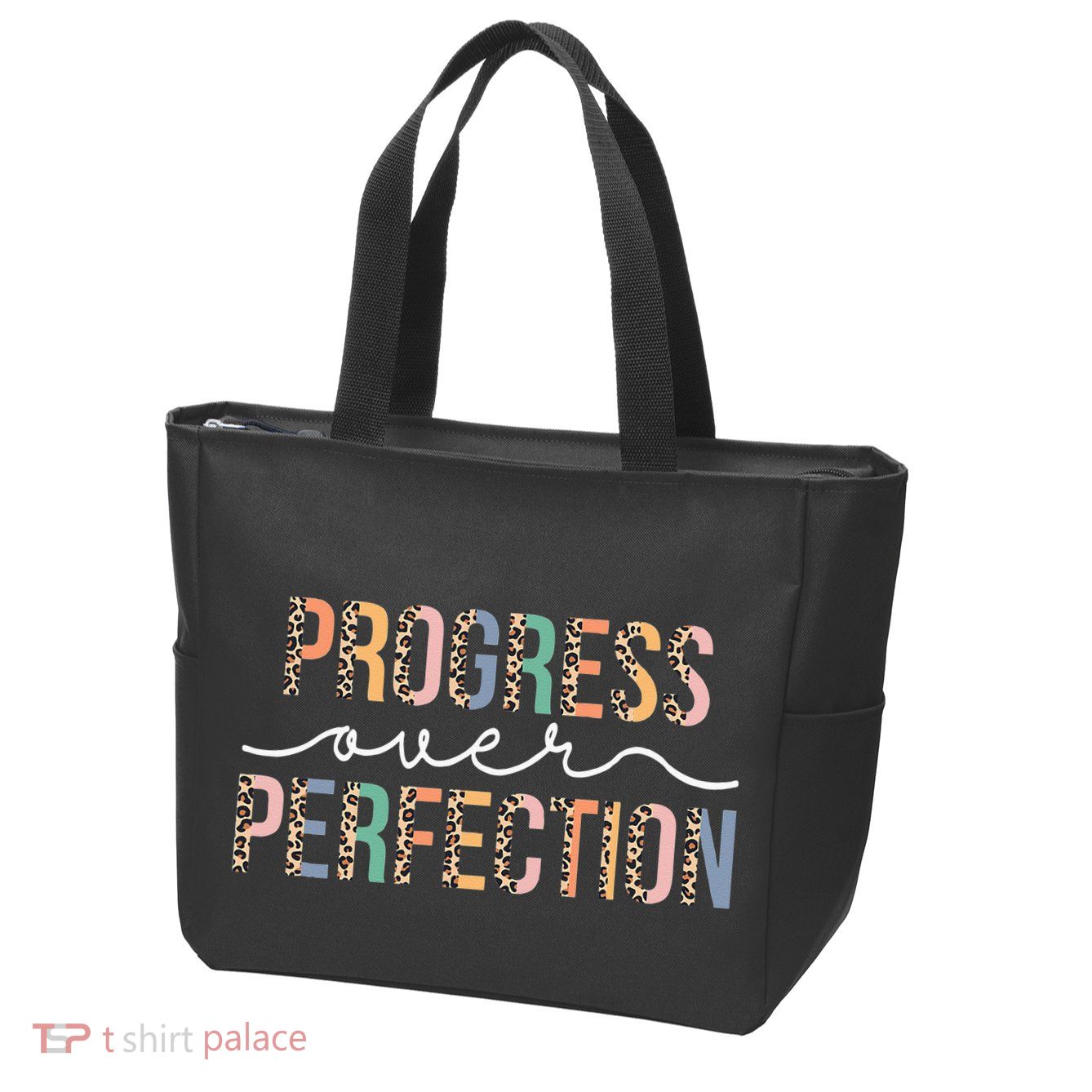 Motivational Progress Over Perfection Leopard Print Teacher Zip Tote Bag