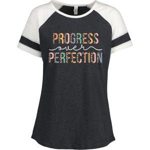 Motivational Progress Over Perfection Leopard Print Teacher Enza Ladies Jersey Colorblock Tee