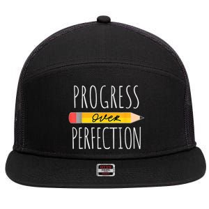 Motivational Progress Over Perfection Back To School Teacher 7 Panel Mesh Trucker Snapback Hat