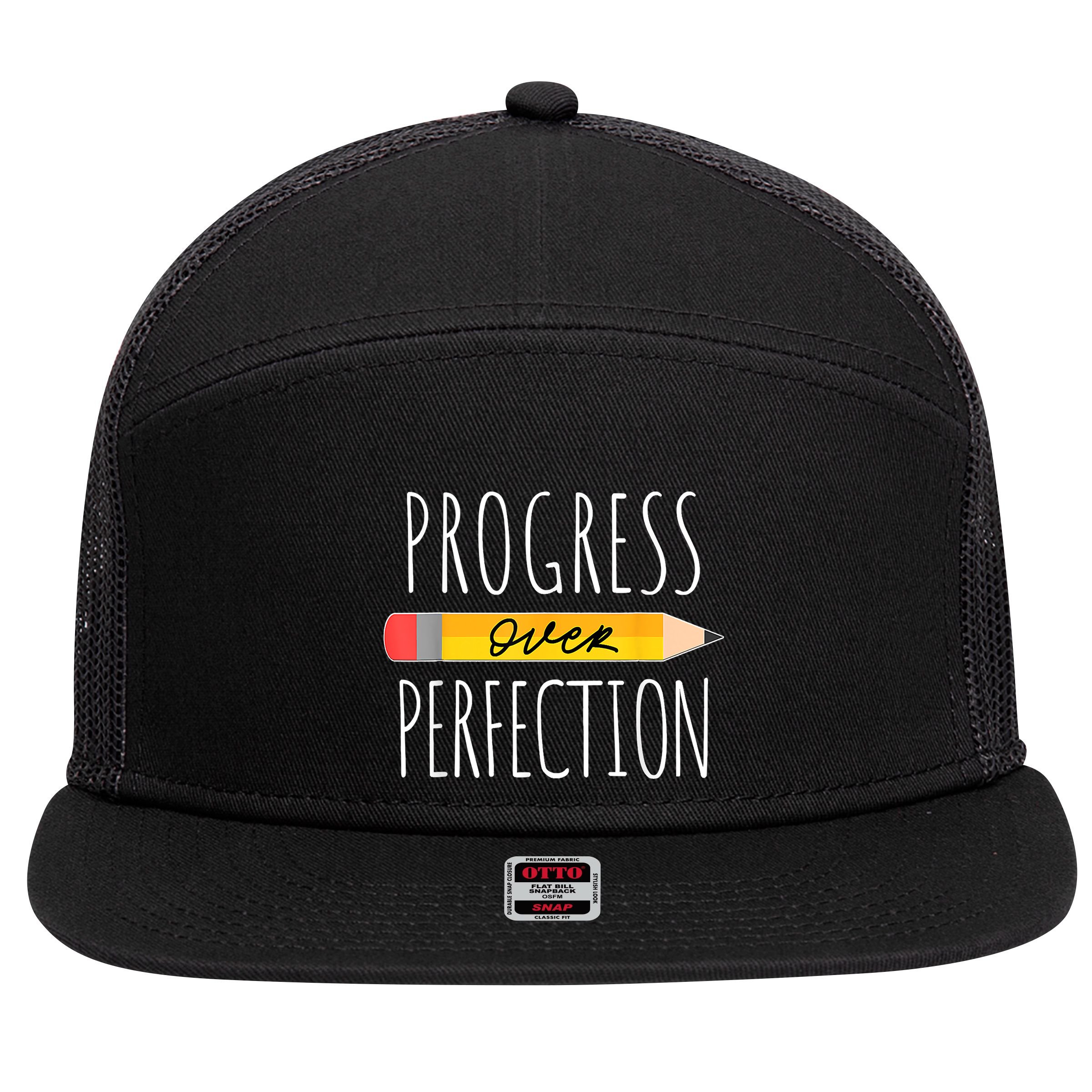 Motivational Progress Over Perfection Back To School Teacher 7 Panel Mesh Trucker Snapback Hat