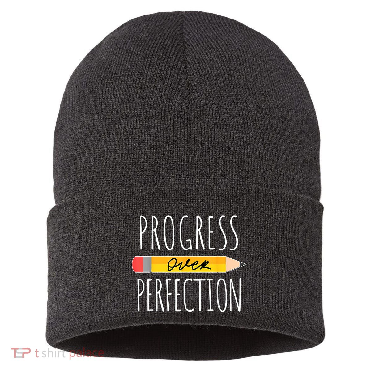 Motivational Progress Over Perfection Back To School Teacher Sustainable Knit Beanie