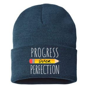 Motivational Progress Over Perfection Back To School Teacher Sustainable Knit Beanie