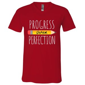 Motivational Progress Over Perfection Back To School Teacher V-Neck T-Shirt