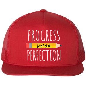 Motivational Progress Over Perfection Back To School Teacher Flat Bill Trucker Hat