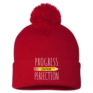 Motivational Progress Over Perfection Back To School Teacher Pom Pom 12in Knit Beanie