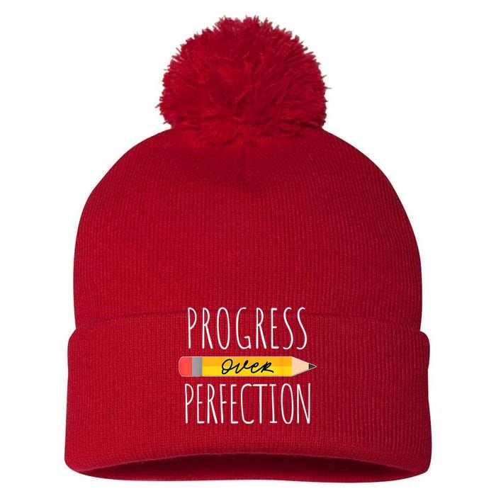 Motivational Progress Over Perfection Back To School Teacher Pom Pom 12in Knit Beanie