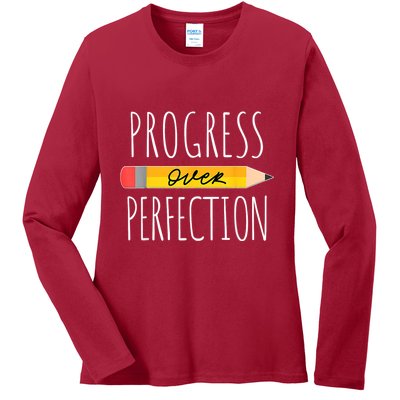 Motivational Progress Over Perfection Back To School Teacher Ladies Long Sleeve Shirt