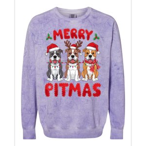 Merry Pitmas Pitbull Dog Santa Hat Xmas Lights Christmas Gift Colorblast Crewneck Sweatshirt