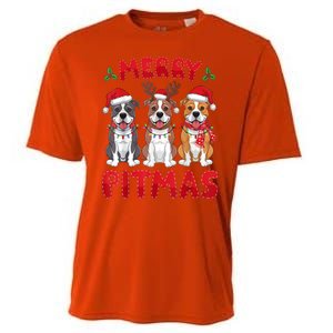 Merry Pitmas Pitbull Dog Santa Hat Xmas Lights Christmas Gift Cooling Performance Crew T-Shirt