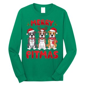 Merry Pitmas Pitbull Dog Santa Hat Xmas Lights Christmas Gift Long Sleeve Shirt