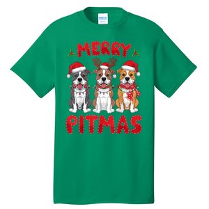 Merry Pitmas Pitbull Dog Santa Hat Xmas Lights Christmas Gift Tall T-Shirt