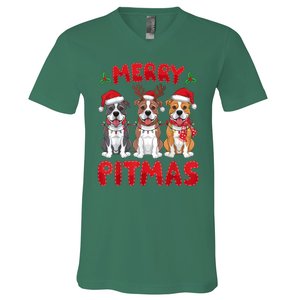 Merry Pitmas Pitbull Dog Santa Hat Xmas Lights Christmas Gift V-Neck T-Shirt