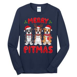 Merry Pitmas Pitbull Dog Santa Hat Xmas Lights Christmas Gift Tall Long Sleeve T-Shirt