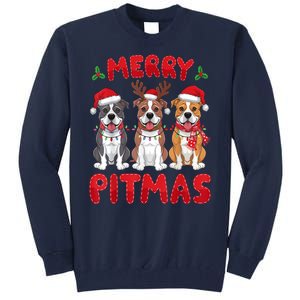 Merry Pitmas Pitbull Dog Santa Hat Xmas Lights Christmas Gift Tall Sweatshirt