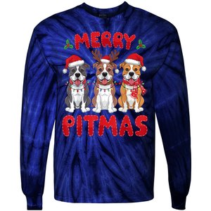 Merry Pitmas Pitbull Dog Santa Hat Xmas Lights Christmas Gift Tie-Dye Long Sleeve Shirt