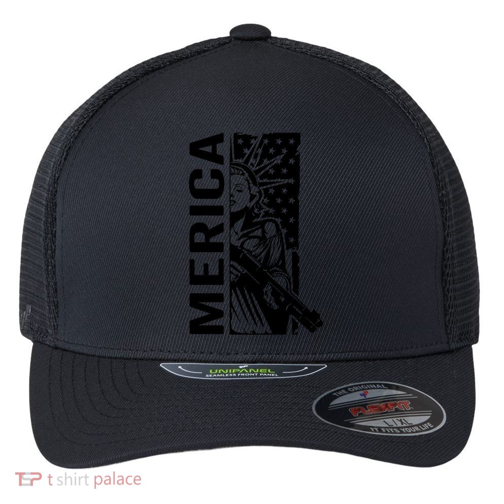 Merica Patriotic Pro Gun USA Liberty Lady 4th Of July Gun Flexfit Unipanel Trucker Cap