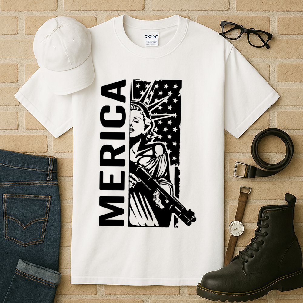 Merica Patriotic Pro Gun USA Liberty Lady 4th Of July Gun Tall T-Shirt
