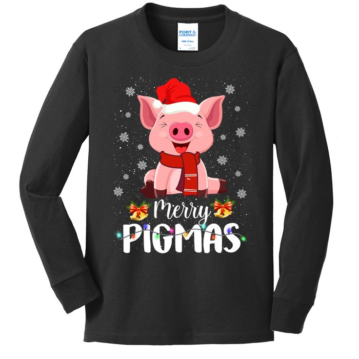 Merry Pigmas Pig Christmas Santa Hat Funny Xmas Light Farmer Kids Long Sleeve Shirt