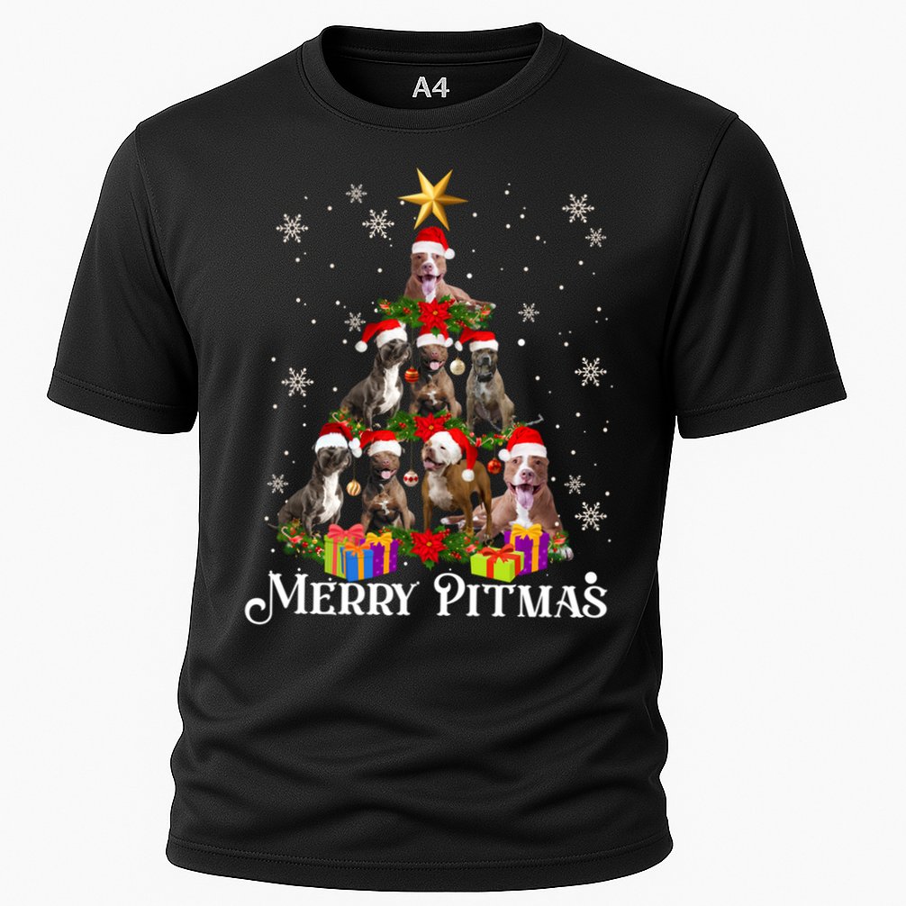 Merry Pitmas Pitbull Dog Ugly Christmas Sweater Tree Dogs Cute Gift Cooling Performance Crew T-Shirt