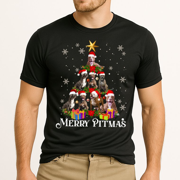 Merry Pitmas Pitbull Dog Ugly Christmas Sweater Tree Dogs Cute Gift Cooling Performance Crew T-Shirt